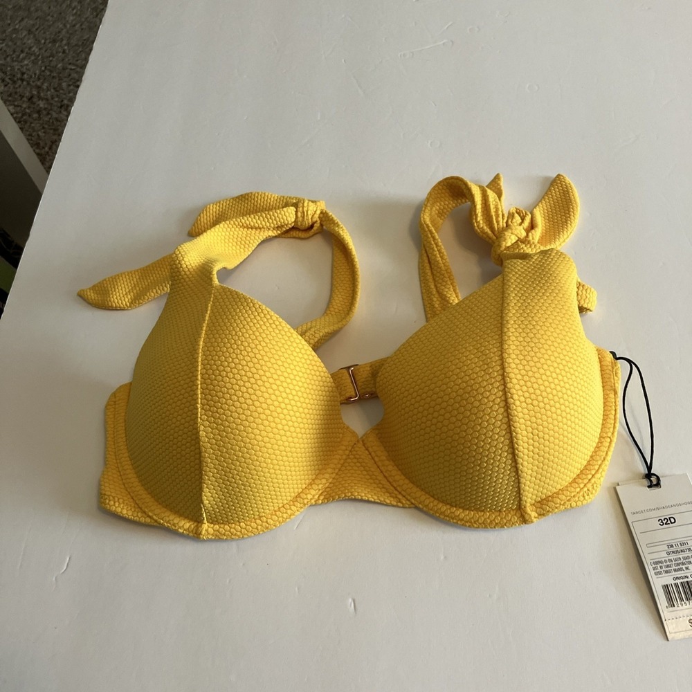 Shade & Shore Bikini Top Women 32D Yellow New Tie Strap Lined Underwire C592